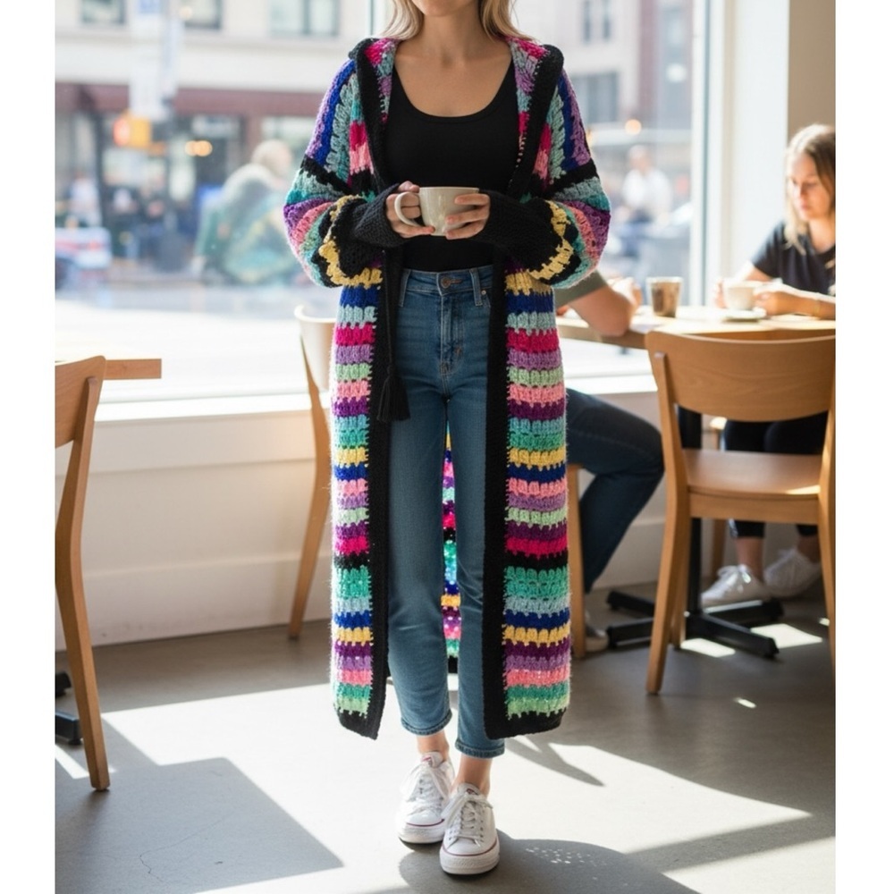 Rare Matimì Crochet Long Cardigan Sweater w/ Hood in Multicolor Stripes One Size